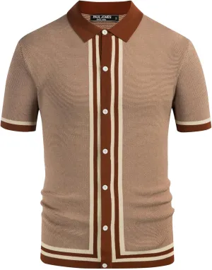 PJ PAUL JONES Men's Vintage Stripe Knit Polo Shirts Short Sleeve Stylish Button Down Cardigan Sweater