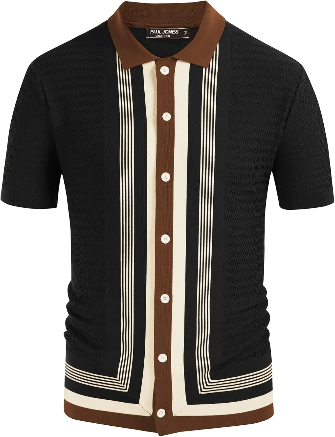 PJ PAUL JONES Men's Vintage Stripe Knit Polo Shirts Short Sleeve Stylish Button Down Cardigan Sweater