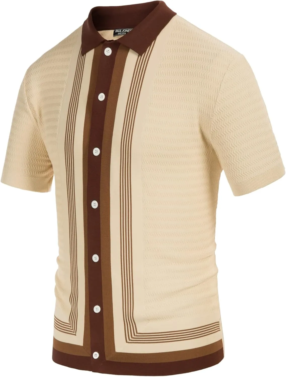 PJ PAUL JONES Men's Vintage Stripe Knit Polo Shirts Short Sleeve Stylish Button Down Cardigan Sweater