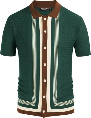 PJ PAUL JONES Men's Vintage Stripe Knit Polo Shirts Short Sleeve Stylish Button Down Cardigan Sweater