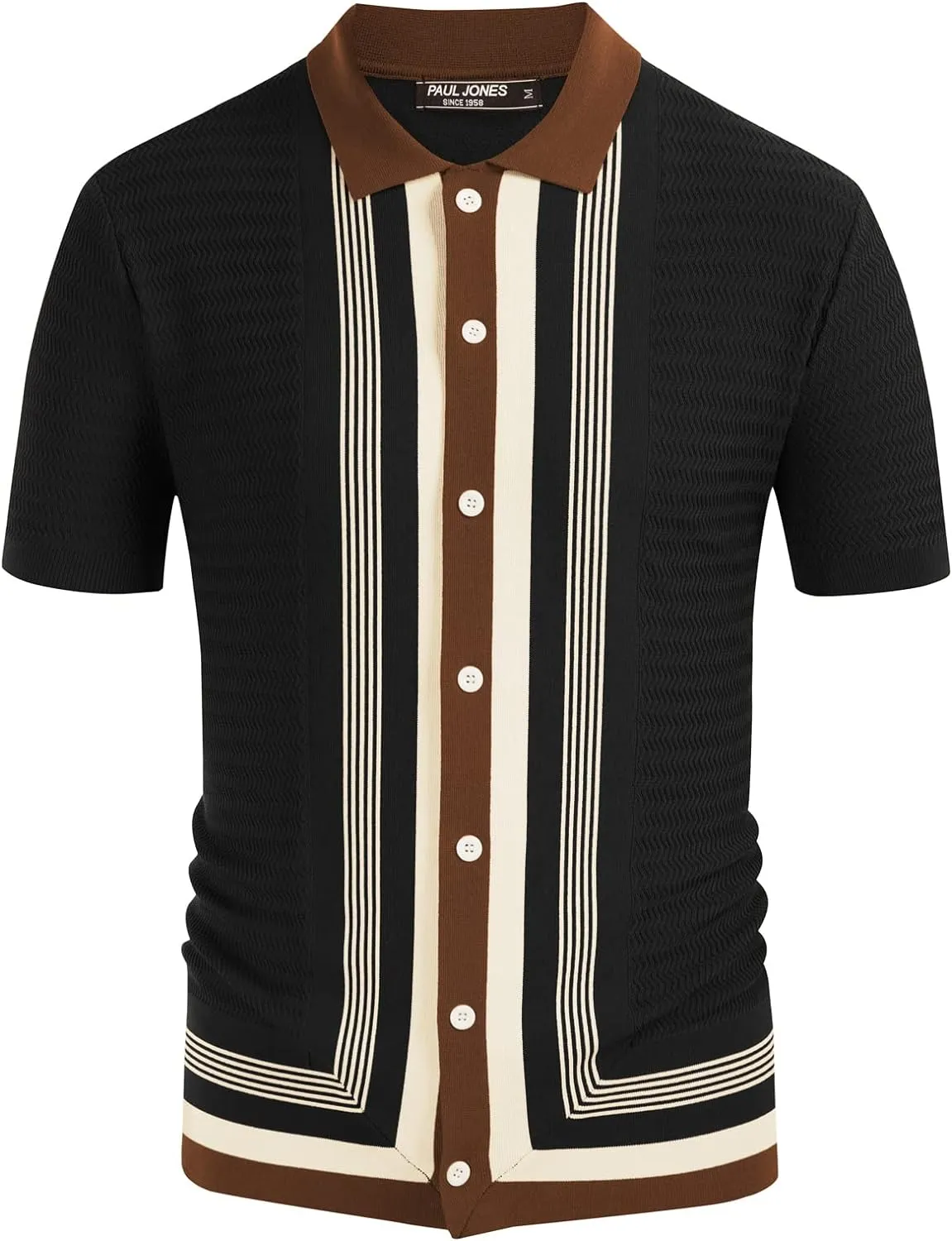 PJ PAUL JONES Men's Vintage Stripe Knit Polo Shirts Short Sleeve Stylish Button Down Cardigan Sweater