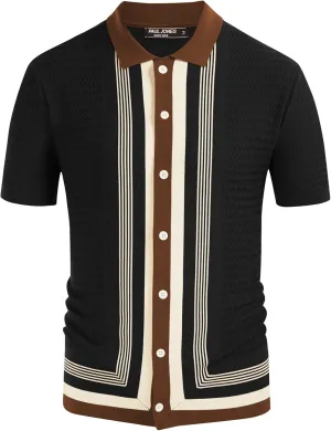 PJ PAUL JONES Men's Vintage Stripe Knit Polo Shirts Short Sleeve Stylish Button Down Cardigan Sweater