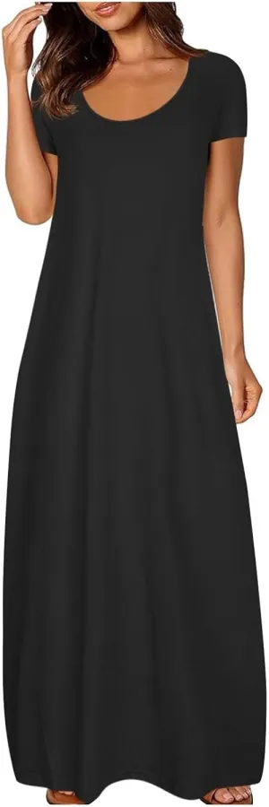 Plus Size Dresses for Curvy Women Loose Fit Round Neck Summer Beach Dresses Casual Flowy Maxi Tshirt Sundresses