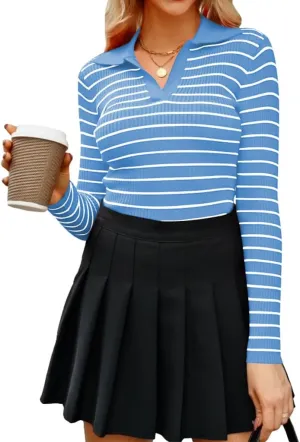 Poetsky Women's Long Sleeve V Neck Shirts 2024 Fall Ribbed Knit Sweater Slim Fit Basic Casual Tee Tops