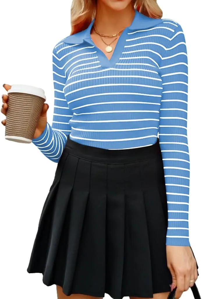 Poetsky Women's Long Sleeve V Neck Shirts 2024 Fall Ribbed Knit Sweater Slim Fit Basic Casual Tee Tops