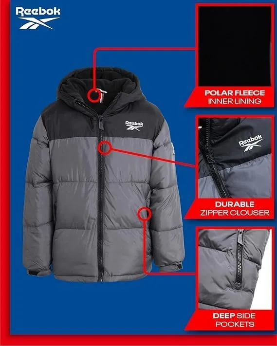 Reebok Boys Winter Jacket - Heavyweight Quilted Puffer Parka Coat - Weather Resistant Ski Jacket for Boys (8-20)