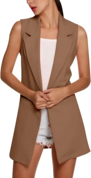 SCUSTY Women's Sleeveless Cardigan Vest Casual Long Open Front Office Blazer Jacket