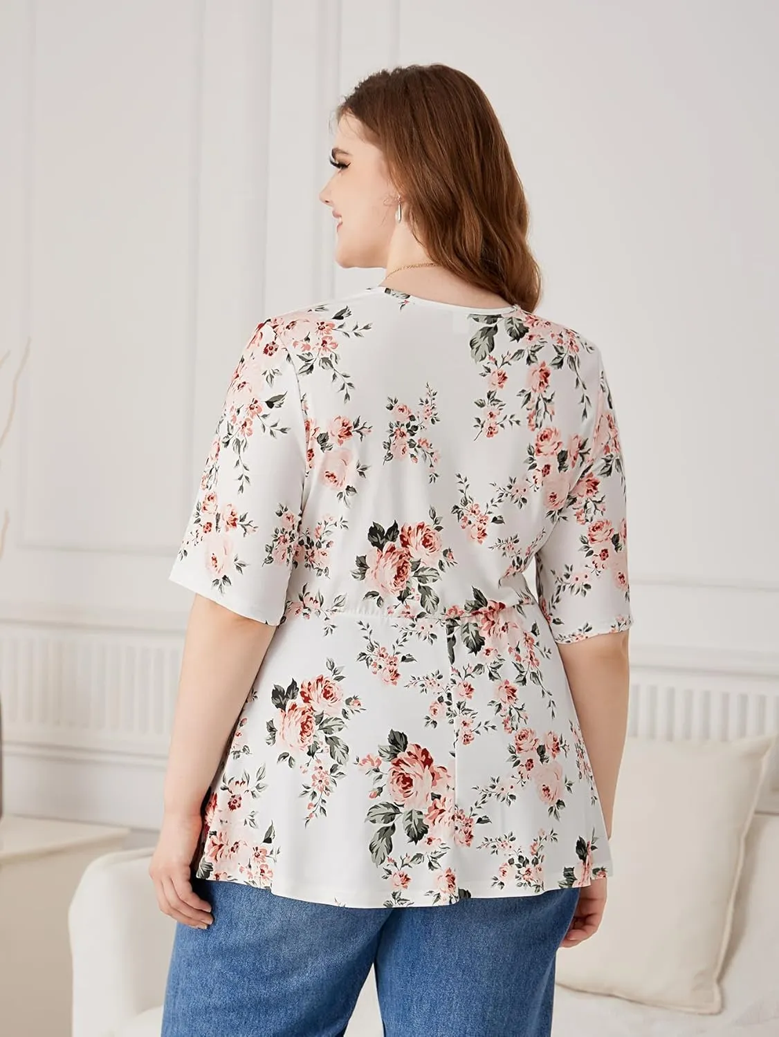 SOLY HUX Women's Plus Size Peplum Tops V Neck Wrap Tie Front Floral Print Lace Trim Casual T Shirt Tops