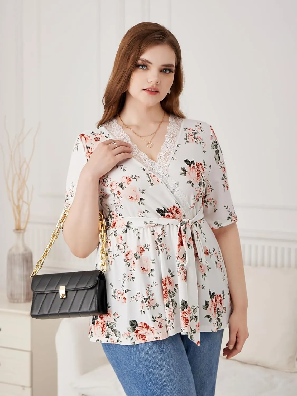SOLY HUX Women's Plus Size Peplum Tops V Neck Wrap Tie Front Floral Print Lace Trim Casual T Shirt Tops