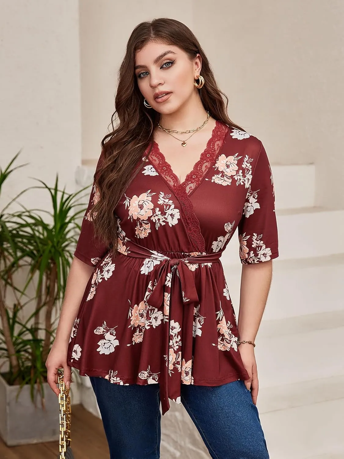 SOLY HUX Women's Plus Size Peplum Tops V Neck Wrap Tie Front Floral Print Lace Trim Casual T Shirt Tops