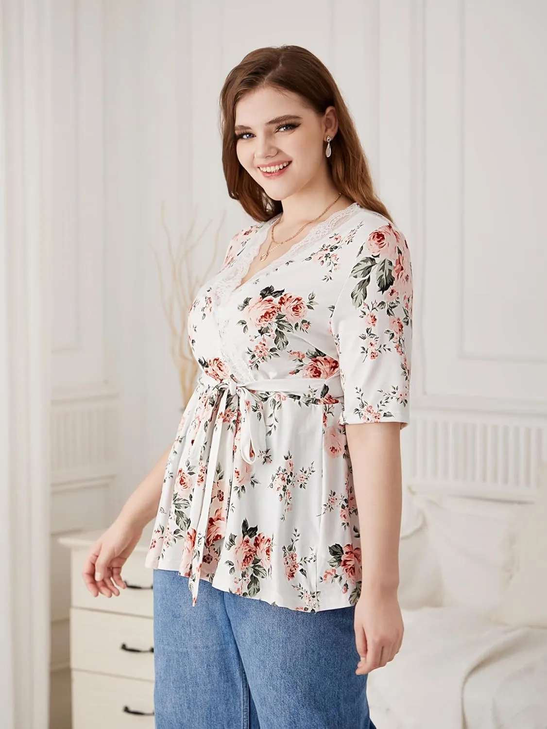 SOLY HUX Women's Plus Size Peplum Tops V Neck Wrap Tie Front Floral Print Lace Trim Casual T Shirt Tops