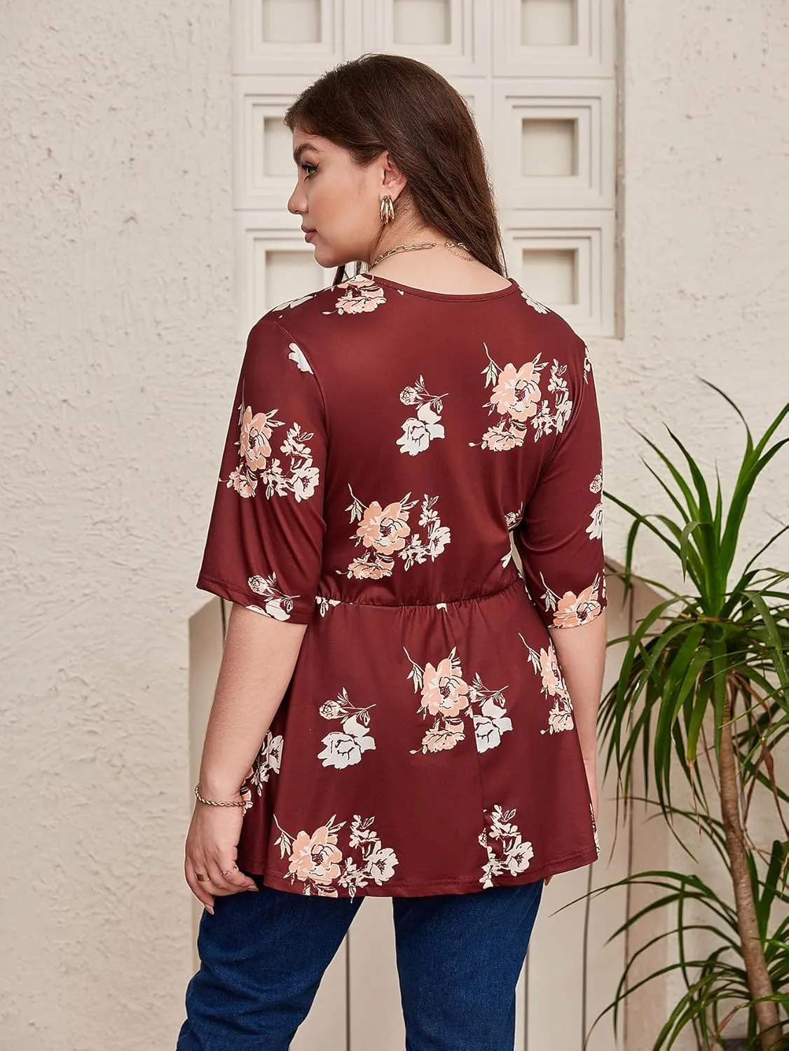 SOLY HUX Women's Plus Size Peplum Tops V Neck Wrap Tie Front Floral Print Lace Trim Casual T Shirt Tops