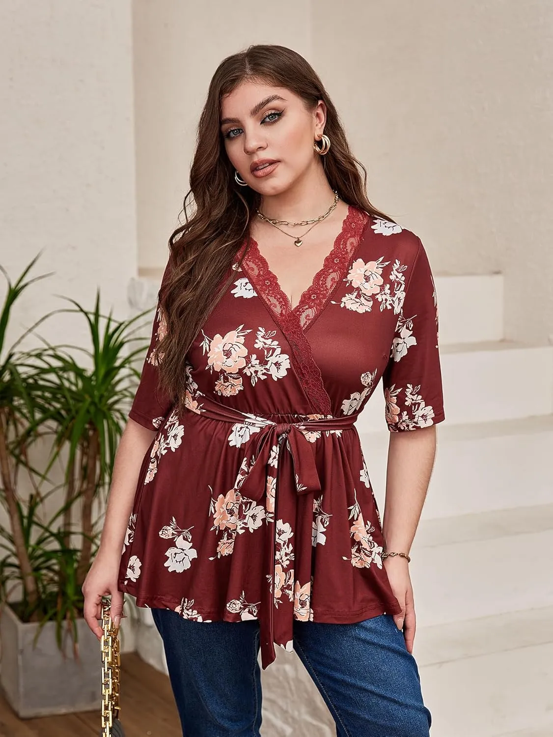 SOLY HUX Women's Plus Size Peplum Tops V Neck Wrap Tie Front Floral Print Lace Trim Casual T Shirt Tops