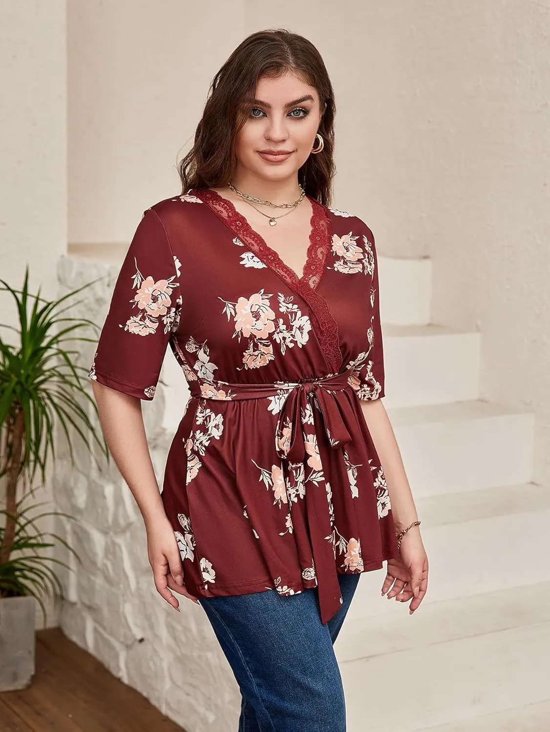 SOLY HUX Women's Plus Size Peplum Tops V Neck Wrap Tie Front Floral Print Lace Trim Casual T Shirt Tops