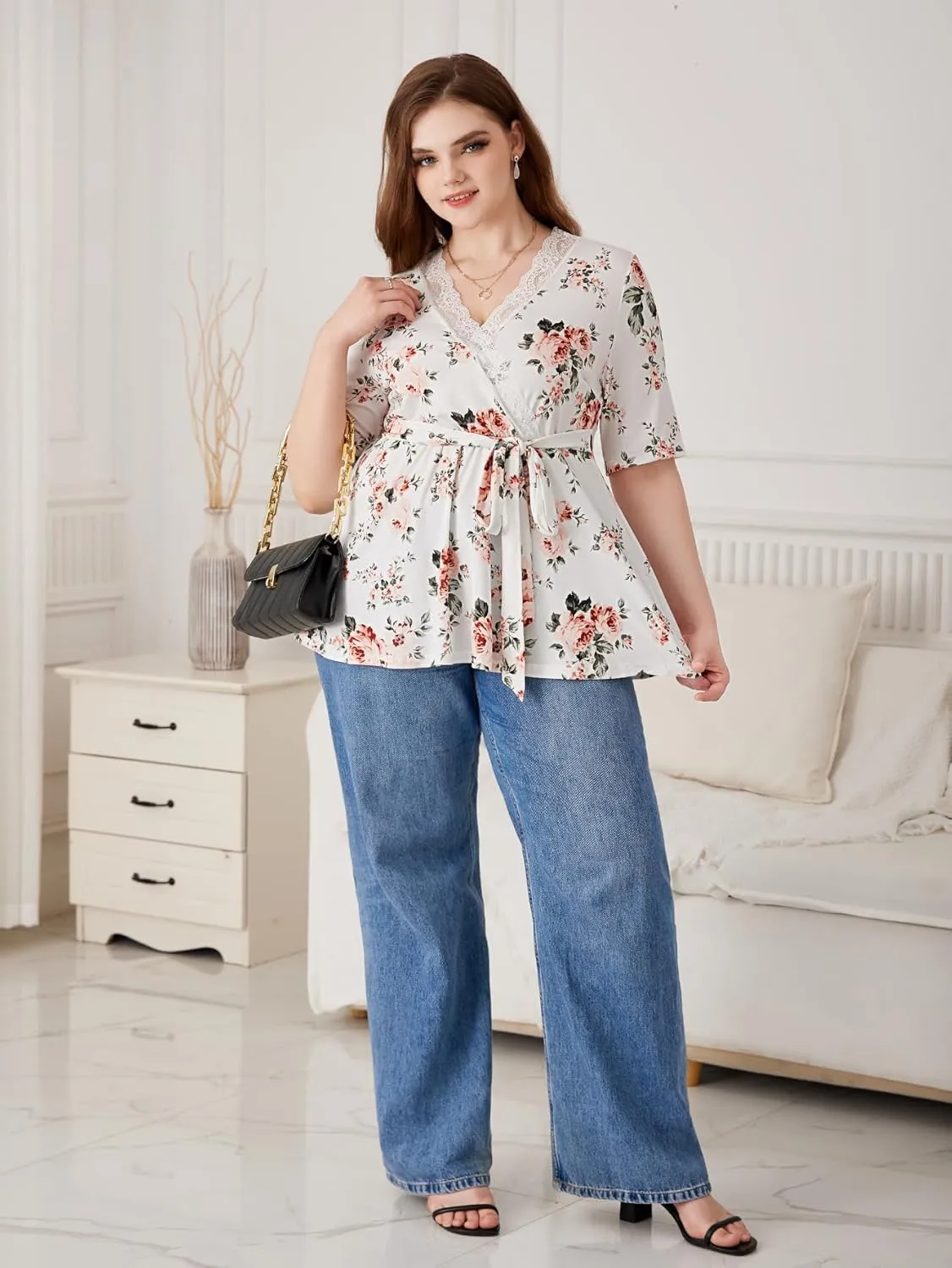 SOLY HUX Women's Plus Size Peplum Tops V Neck Wrap Tie Front Floral Print Lace Trim Casual T Shirt Tops