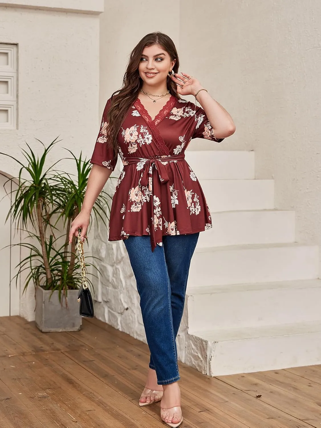 SOLY HUX Women's Plus Size Peplum Tops V Neck Wrap Tie Front Floral Print Lace Trim Casual T Shirt Tops