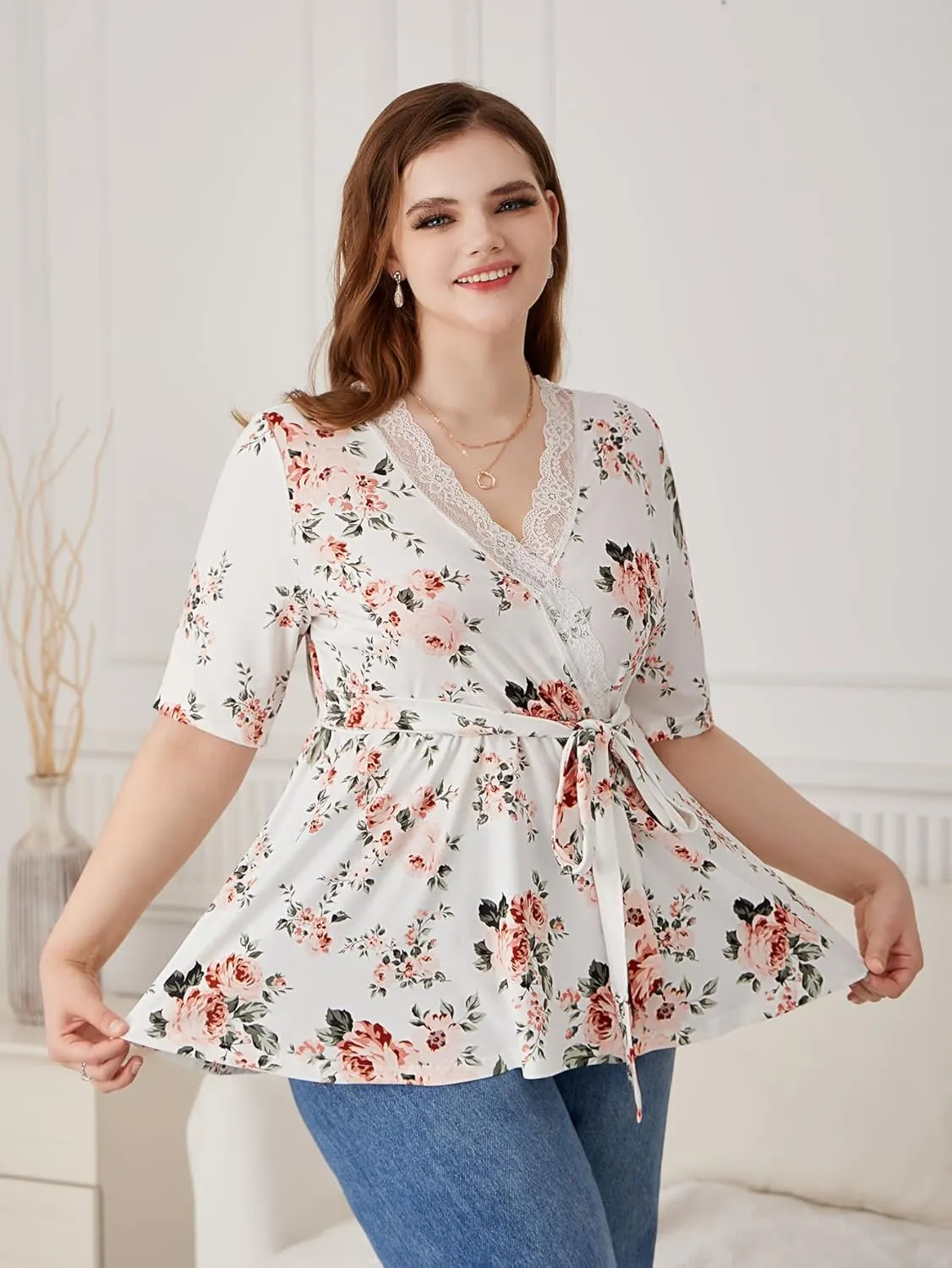 SOLY HUX Women's Plus Size Peplum Tops V Neck Wrap Tie Front Floral Print Lace Trim Casual T Shirt Tops