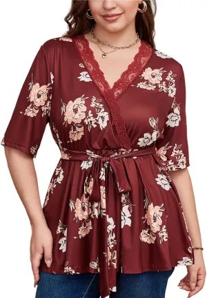 SOLY HUX Women's Plus Size Peplum Tops V Neck Wrap Tie Front Floral Print Lace Trim Casual T Shirt Tops