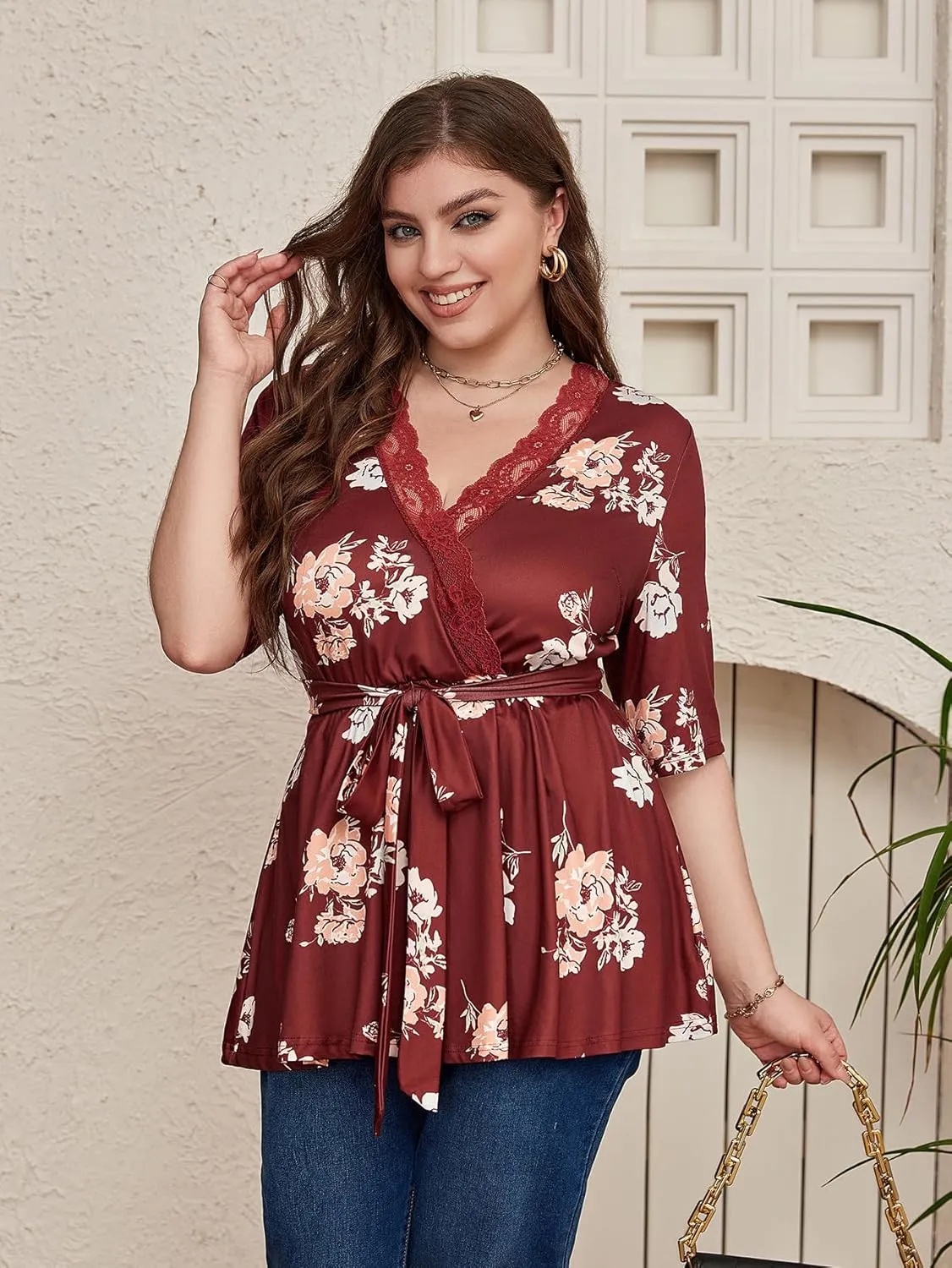 SOLY HUX Women's Plus Size Peplum Tops V Neck Wrap Tie Front Floral Print Lace Trim Casual T Shirt Tops
