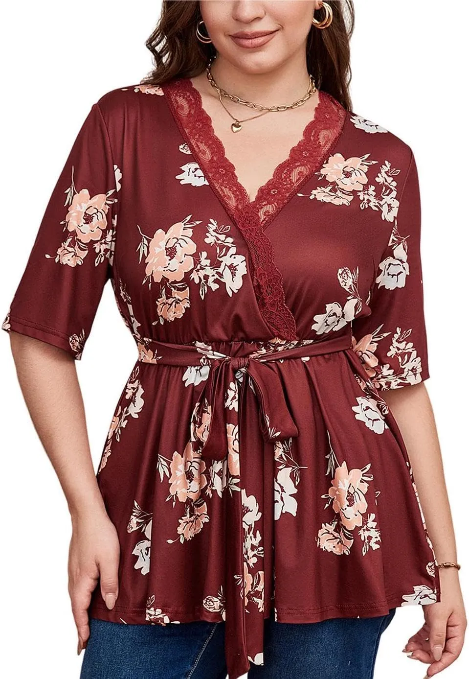 SOLY HUX Women's Plus Size Peplum Tops V Neck Wrap Tie Front Floral Print Lace Trim Casual T Shirt Tops