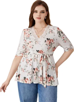 SOLY HUX Women's Plus Size Peplum Tops V Neck Wrap Tie Front Floral Print Lace Trim Casual T Shirt Tops