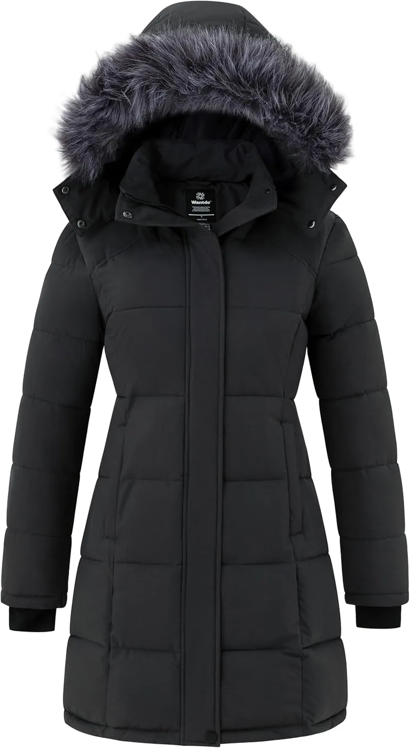 wantdo Women's Waterproof Winter Coat Warm Long Puffer Jackets with Faux Fur Hood Thicken Parka
