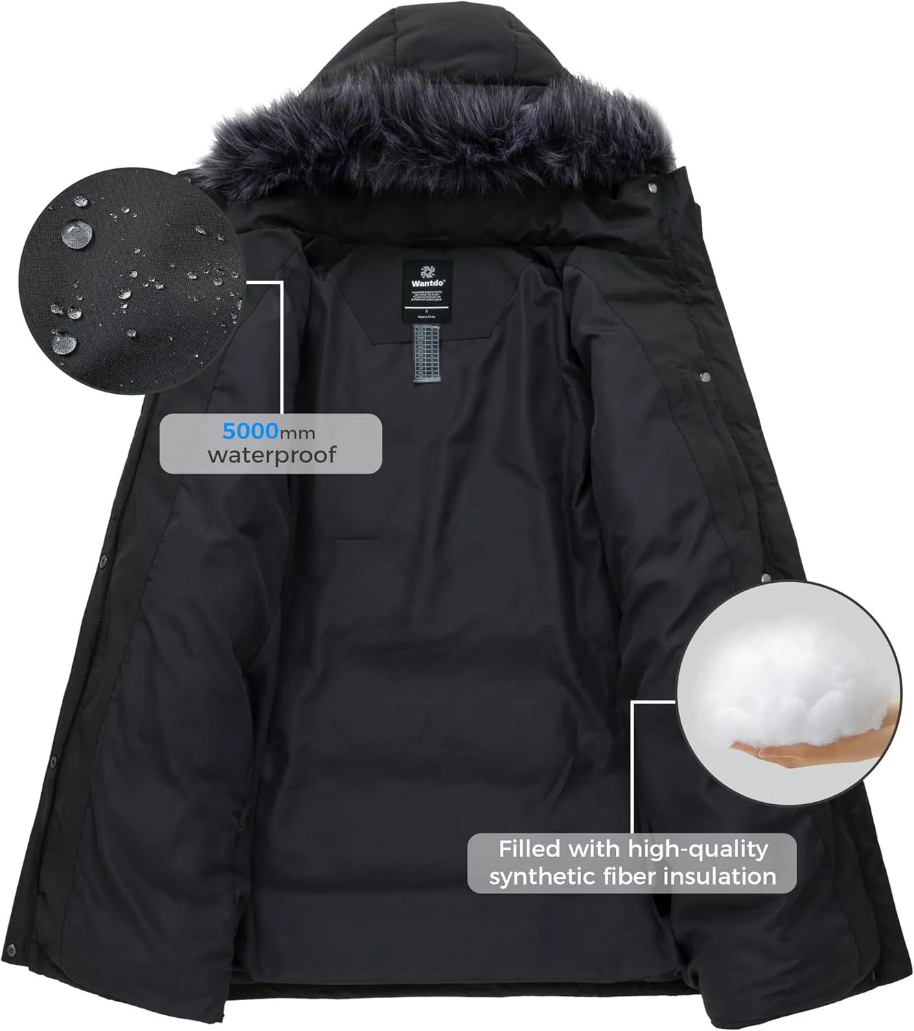 wantdo Women's Waterproof Winter Coat Warm Long Puffer Jackets with Faux Fur Hood Thicken Parka