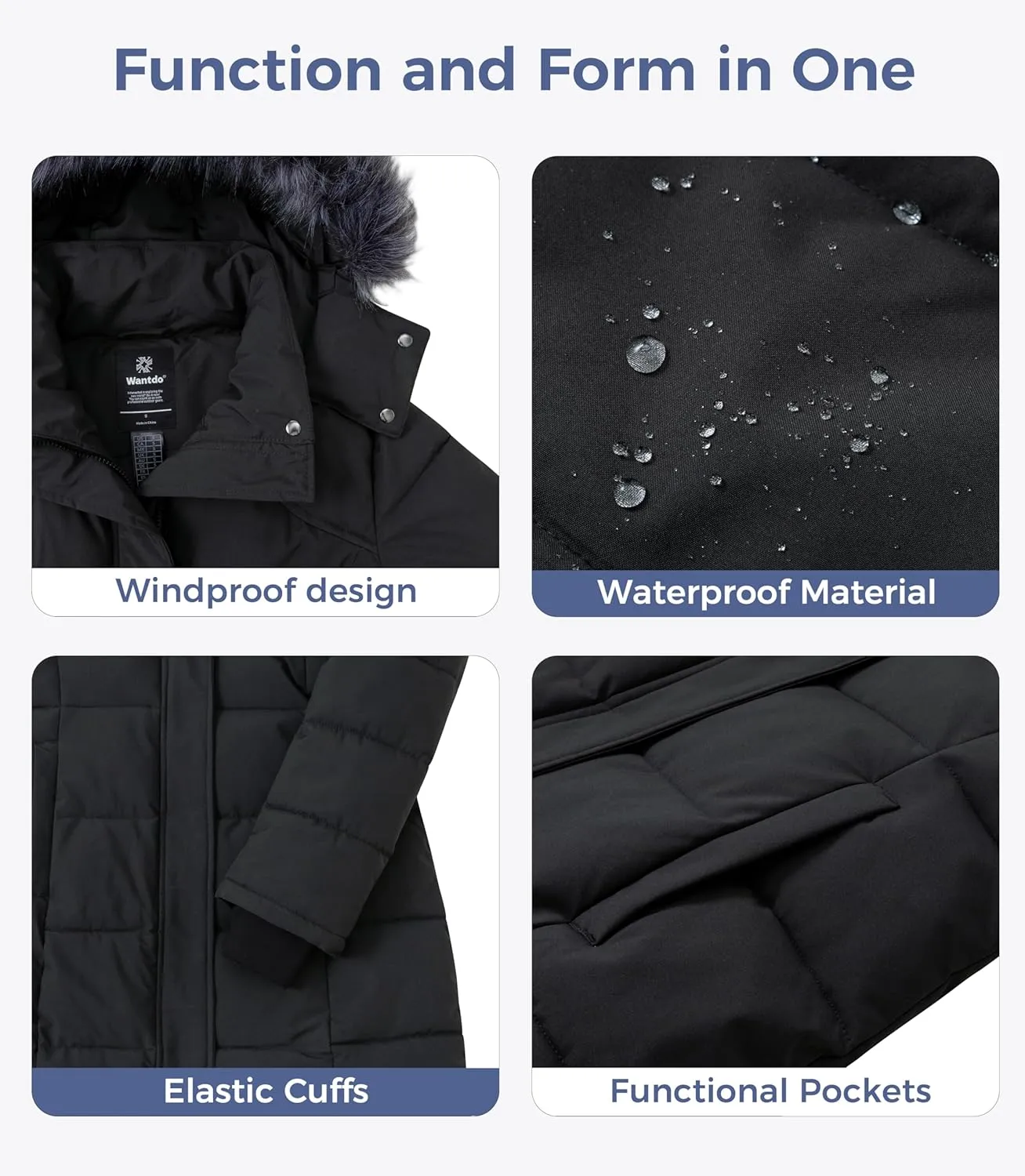 wantdo Women's Waterproof Winter Coat Warm Long Puffer Jackets with Faux Fur Hood Thicken Parka
