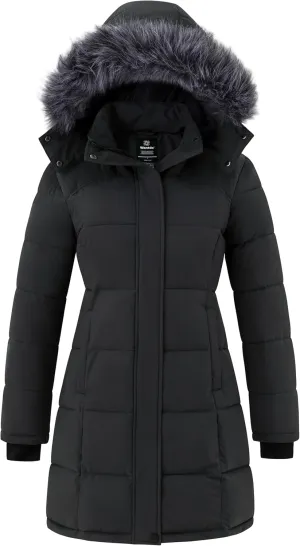 wantdo Women's Waterproof Winter Coat Warm Long Puffer Jackets with Faux Fur Hood Thicken Parka