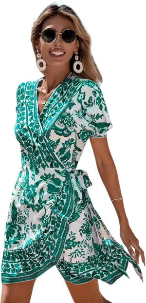 WDIRARA Women's Summer Casual Boho Floral Print Short Sleeve Wrap V Neck Ruffle Hem A Line Dress