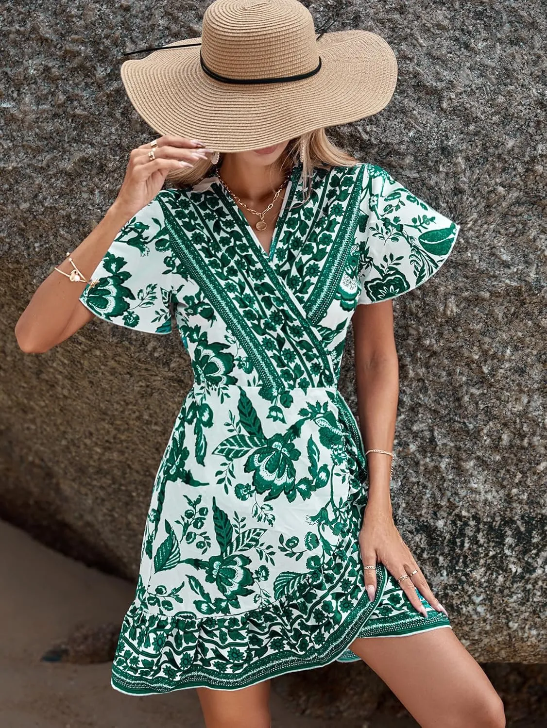 WDIRARA Women's Summer Casual Boho Floral Print Short Sleeve Wrap V Neck Ruffle Hem A Line Dress