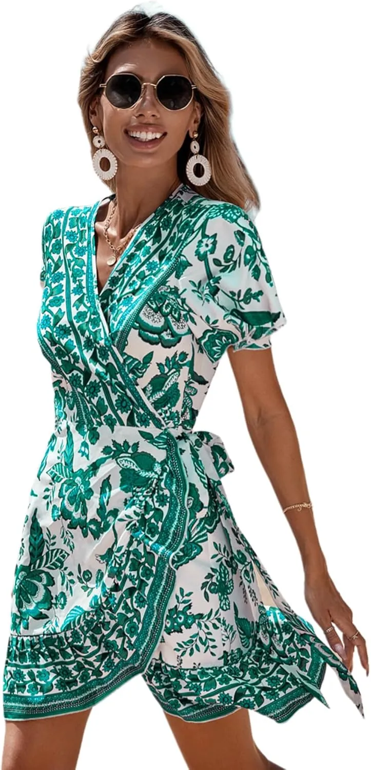 WDIRARA Women's Summer Casual Boho Floral Print Short Sleeve Wrap V Neck Ruffle Hem A Line Dress