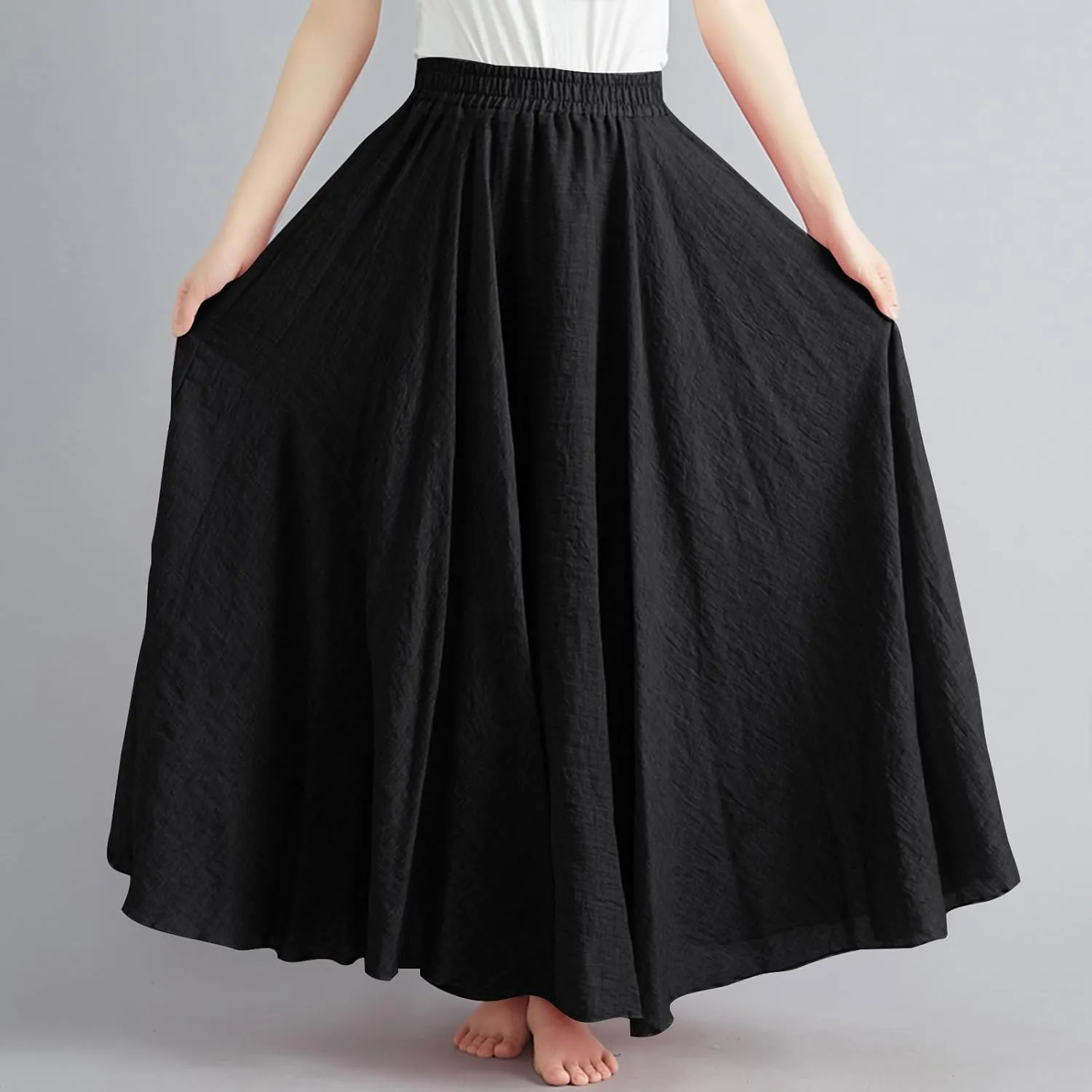 Womens Linen Maxi Skirts Summer Boho Solid Beach Elastic High Waist Pleated A-Line Flowy Swing Long Maxi Skirts