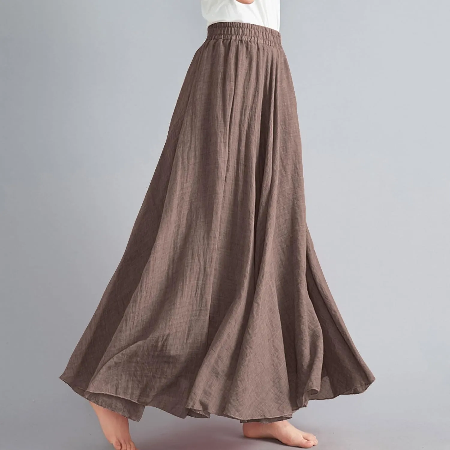 Womens Linen Maxi Skirts Summer Boho Solid Beach Elastic High Waist Pleated A-Line Flowy Swing Long Maxi Skirts