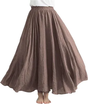Womens Linen Maxi Skirts Summer Boho Solid Beach Elastic High Waist Pleated A-Line Flowy Swing Long Maxi Skirts