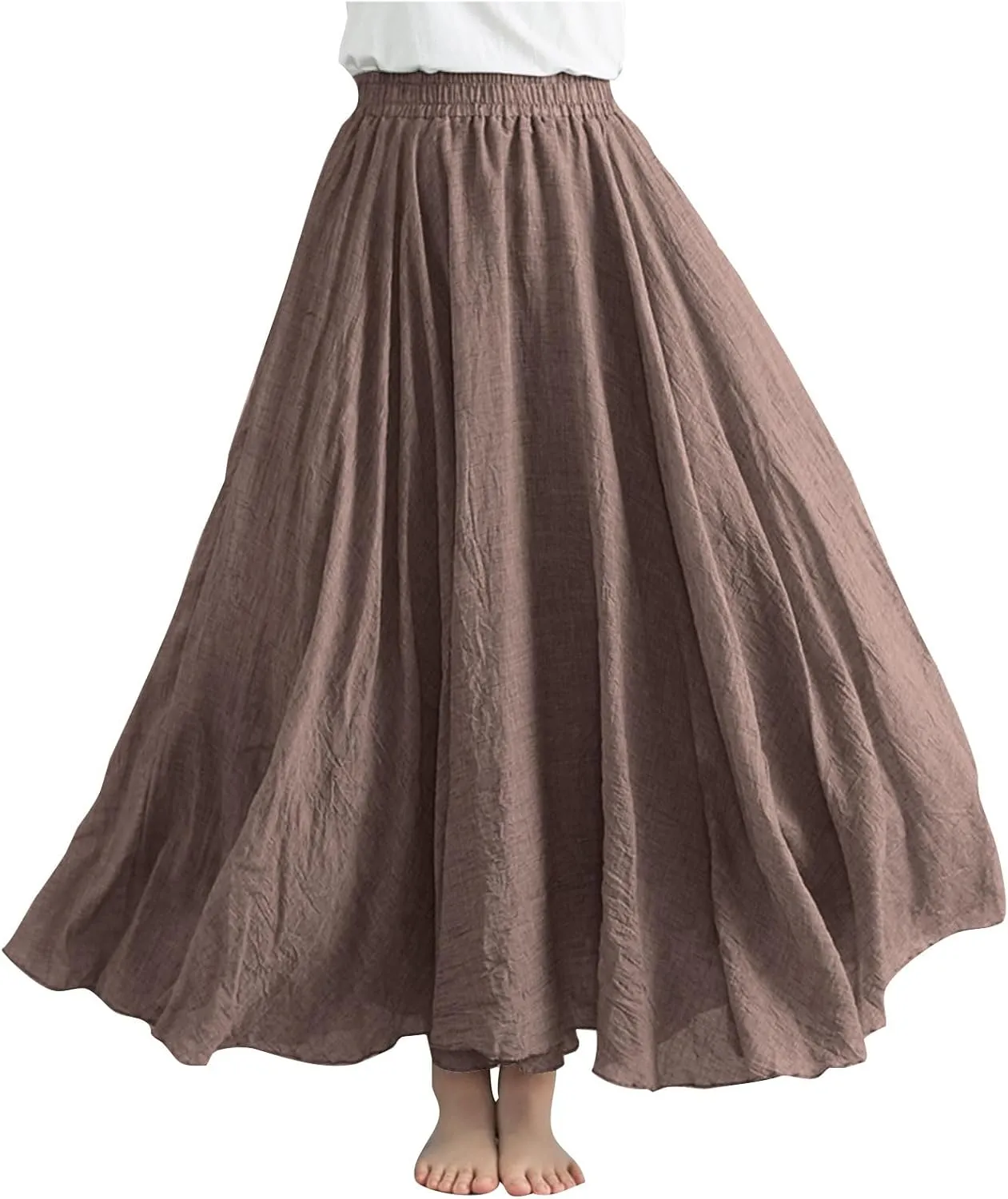 Womens Linen Maxi Skirts Summer Boho Solid Beach Elastic High Waist Pleated A-Line Flowy Swing Long Maxi Skirts