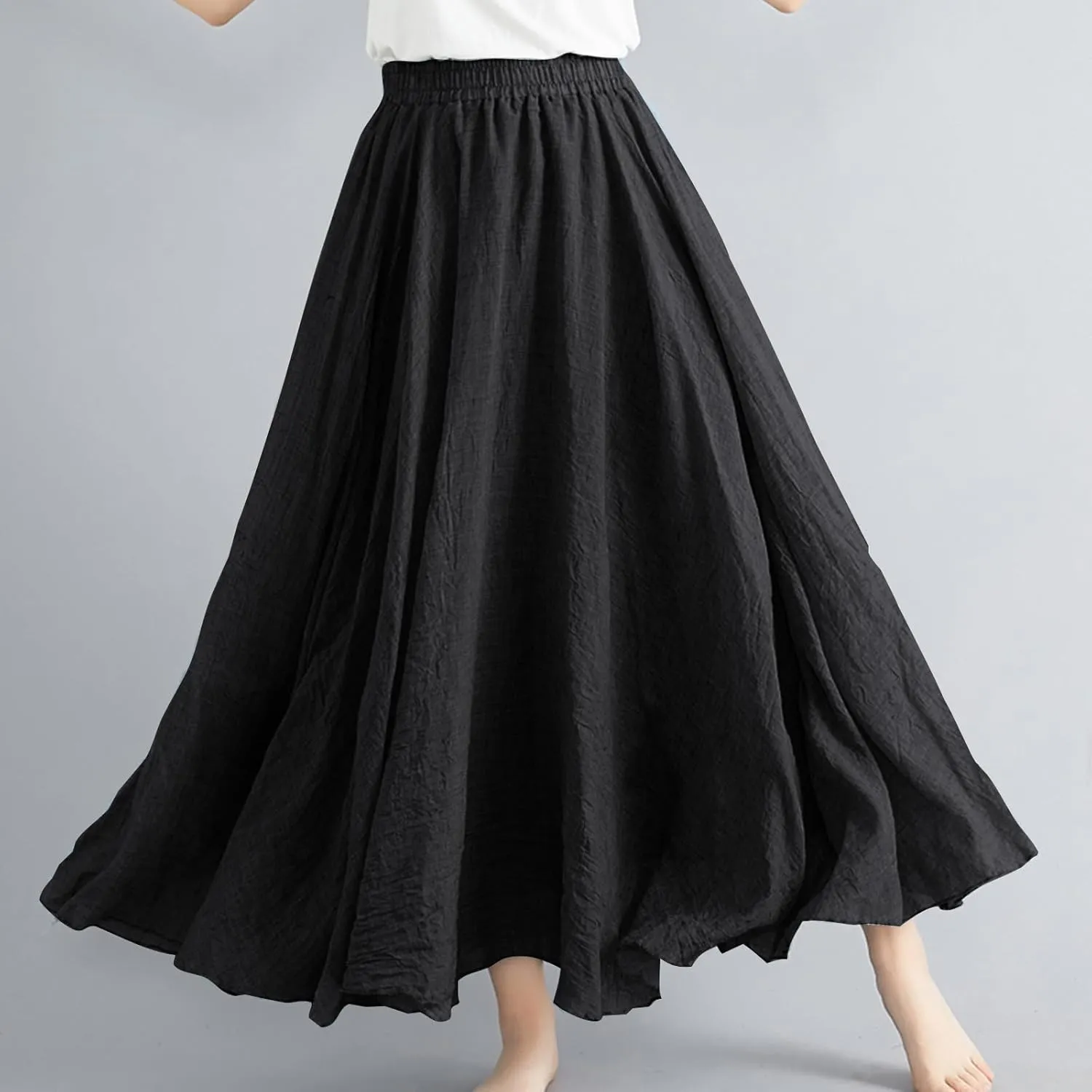 Womens Linen Maxi Skirts Summer Boho Solid Beach Elastic High Waist Pleated A-Line Flowy Swing Long Maxi Skirts