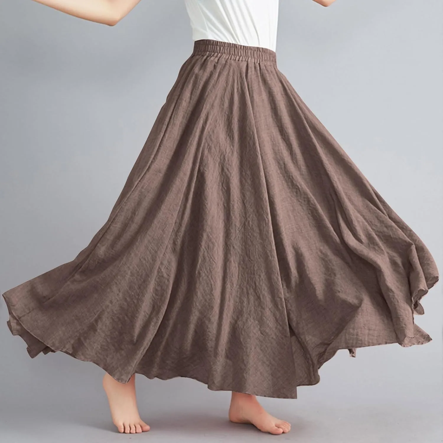Womens Linen Maxi Skirts Summer Boho Solid Beach Elastic High Waist Pleated A-Line Flowy Swing Long Maxi Skirts