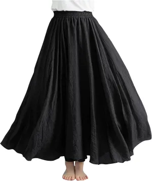 Womens Linen Maxi Skirts Summer Boho Solid Beach Elastic High Waist Pleated A-Line Flowy Swing Long Maxi Skirts