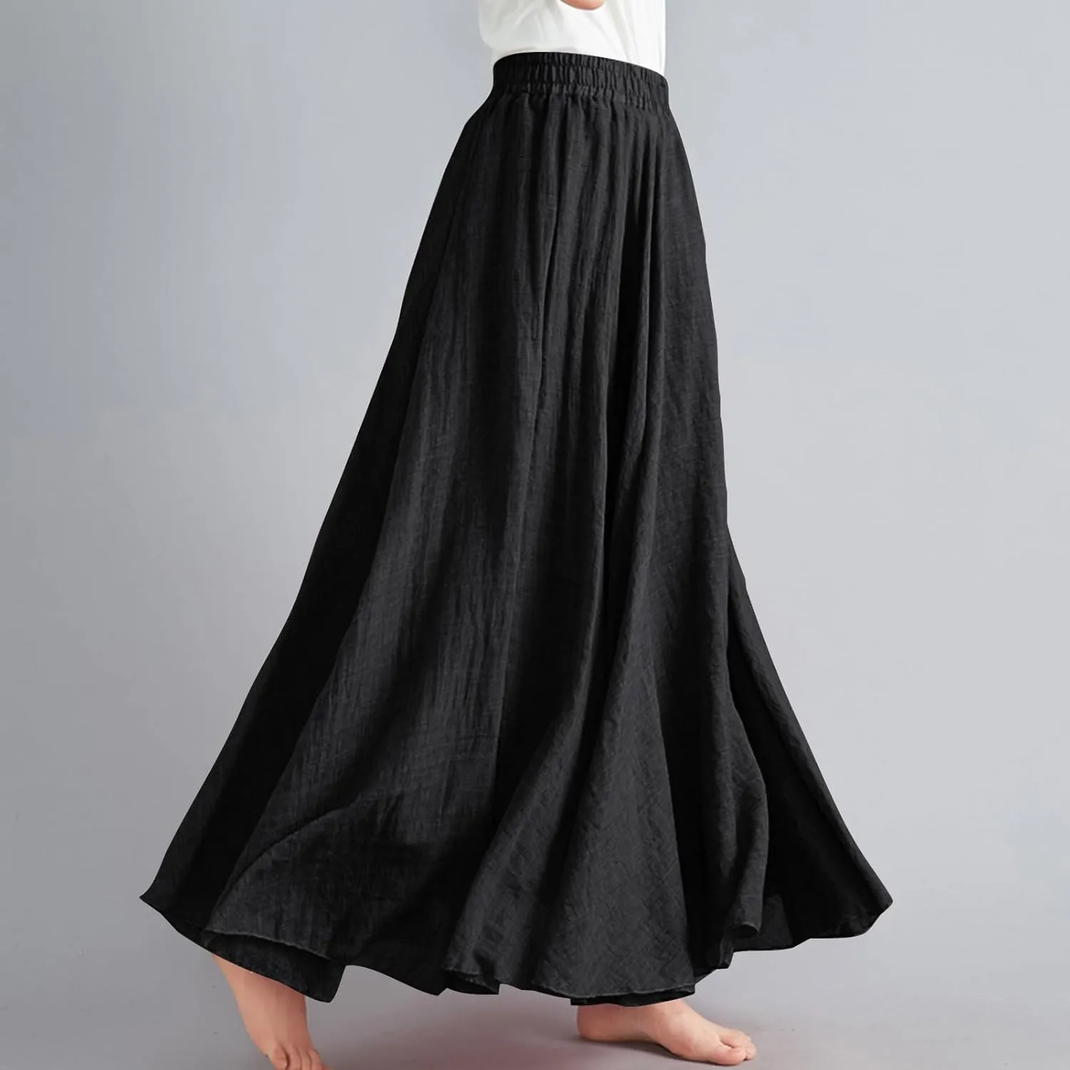 Womens Linen Maxi Skirts Summer Boho Solid Beach Elastic High Waist Pleated A-Line Flowy Swing Long Maxi Skirts
