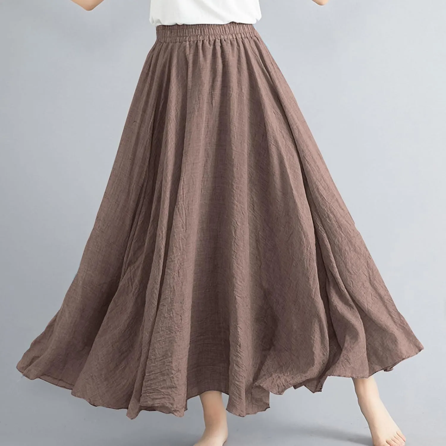 Womens Linen Maxi Skirts Summer Boho Solid Beach Elastic High Waist Pleated A-Line Flowy Swing Long Maxi Skirts