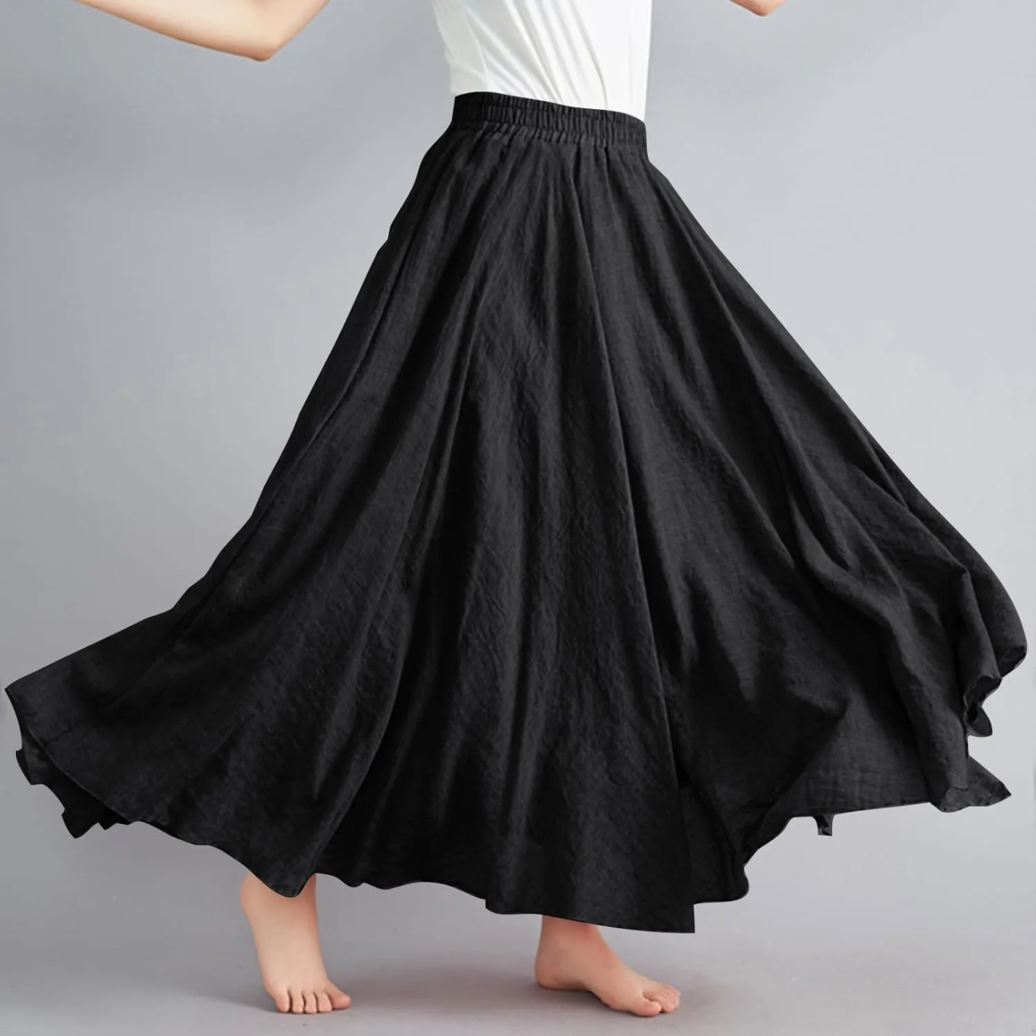 Womens Linen Maxi Skirts Summer Boho Solid Beach Elastic High Waist Pleated A-Line Flowy Swing Long Maxi Skirts