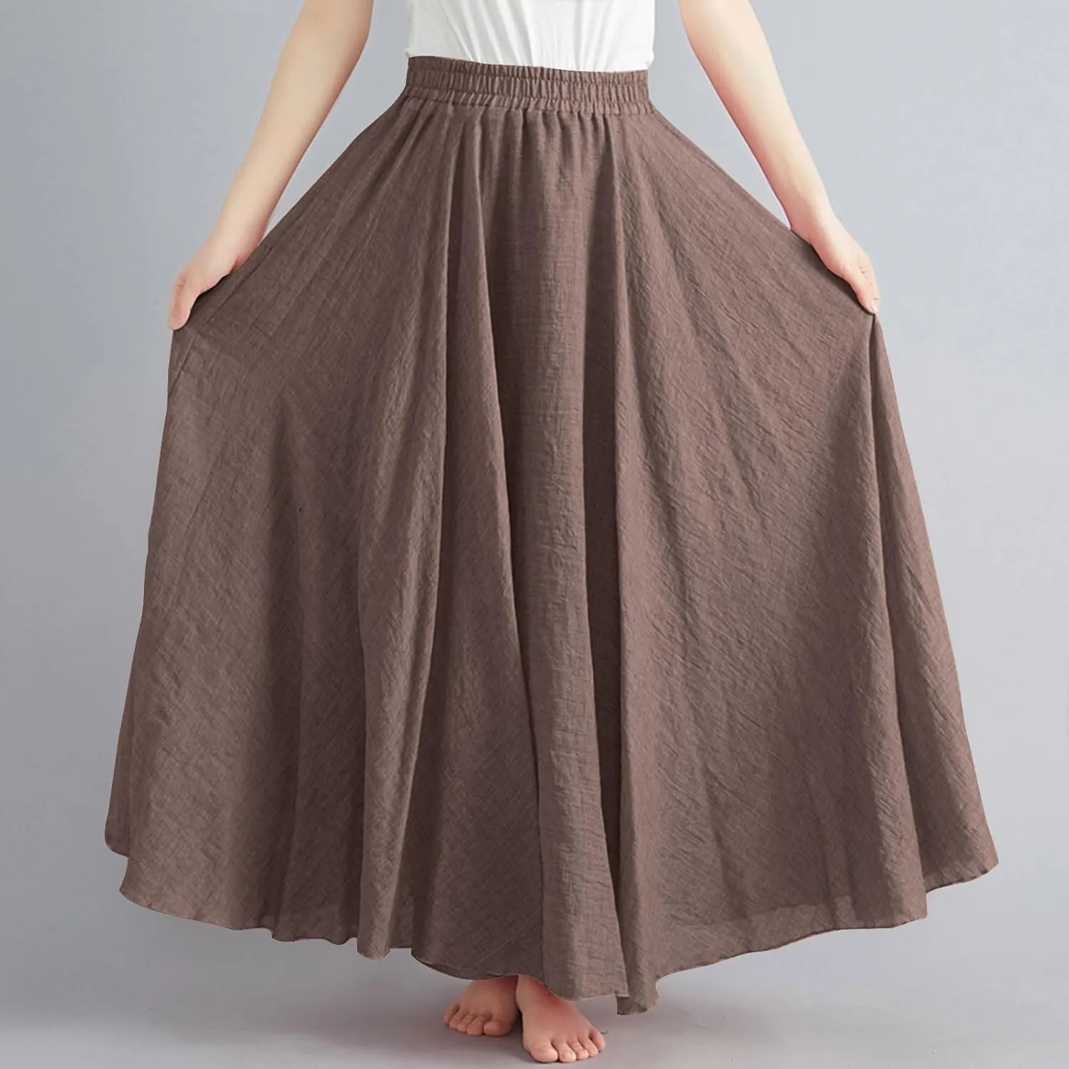 Womens Linen Maxi Skirts Summer Boho Solid Beach Elastic High Waist Pleated A-Line Flowy Swing Long Maxi Skirts