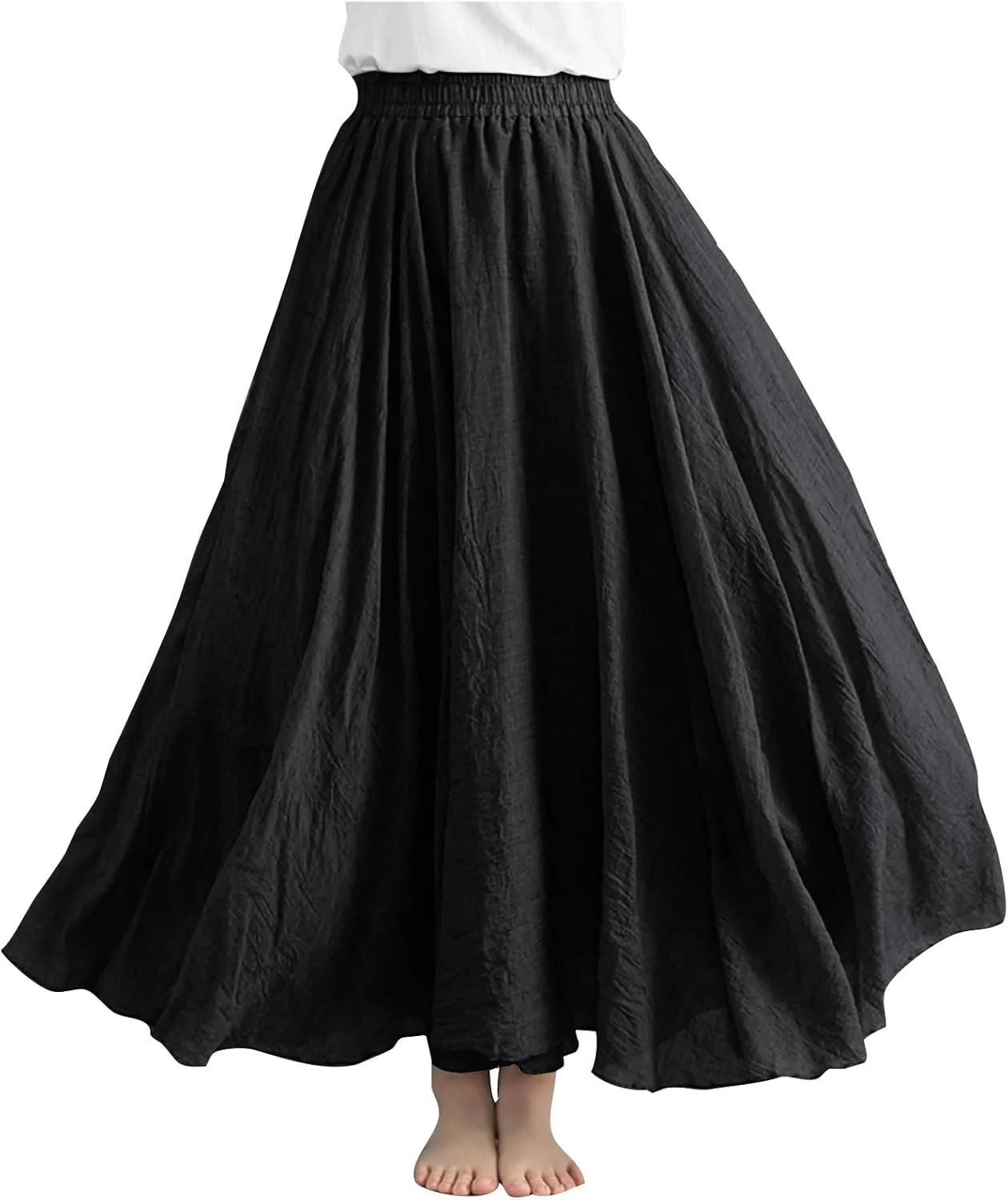 Womens Linen Maxi Skirts Summer Boho Solid Beach Elastic High Waist Pleated A-Line Flowy Swing Long Maxi Skirts