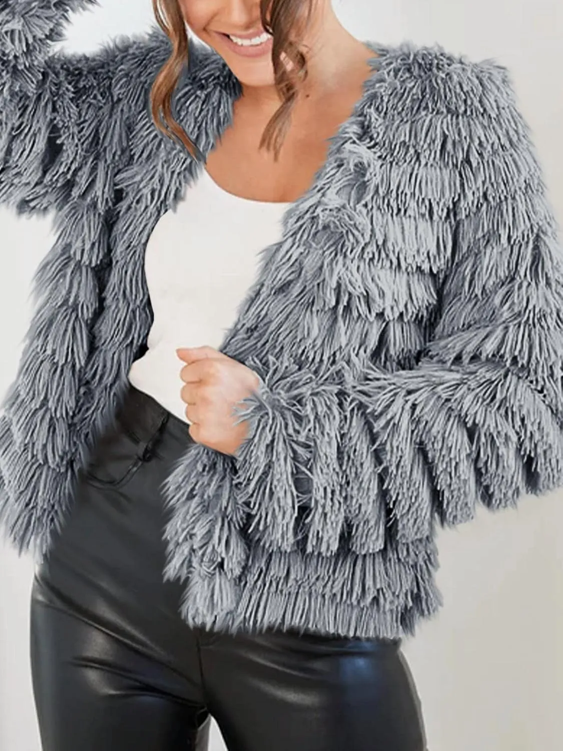 Womens Open Front Faux Fur Cardigan Vintage Parka Shaggy Jacket Coat