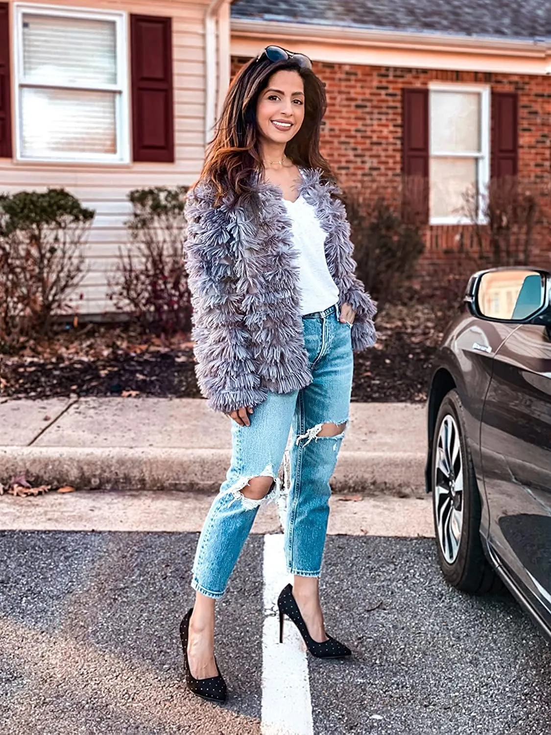 Womens Open Front Faux Fur Cardigan Vintage Parka Shaggy Jacket Coat