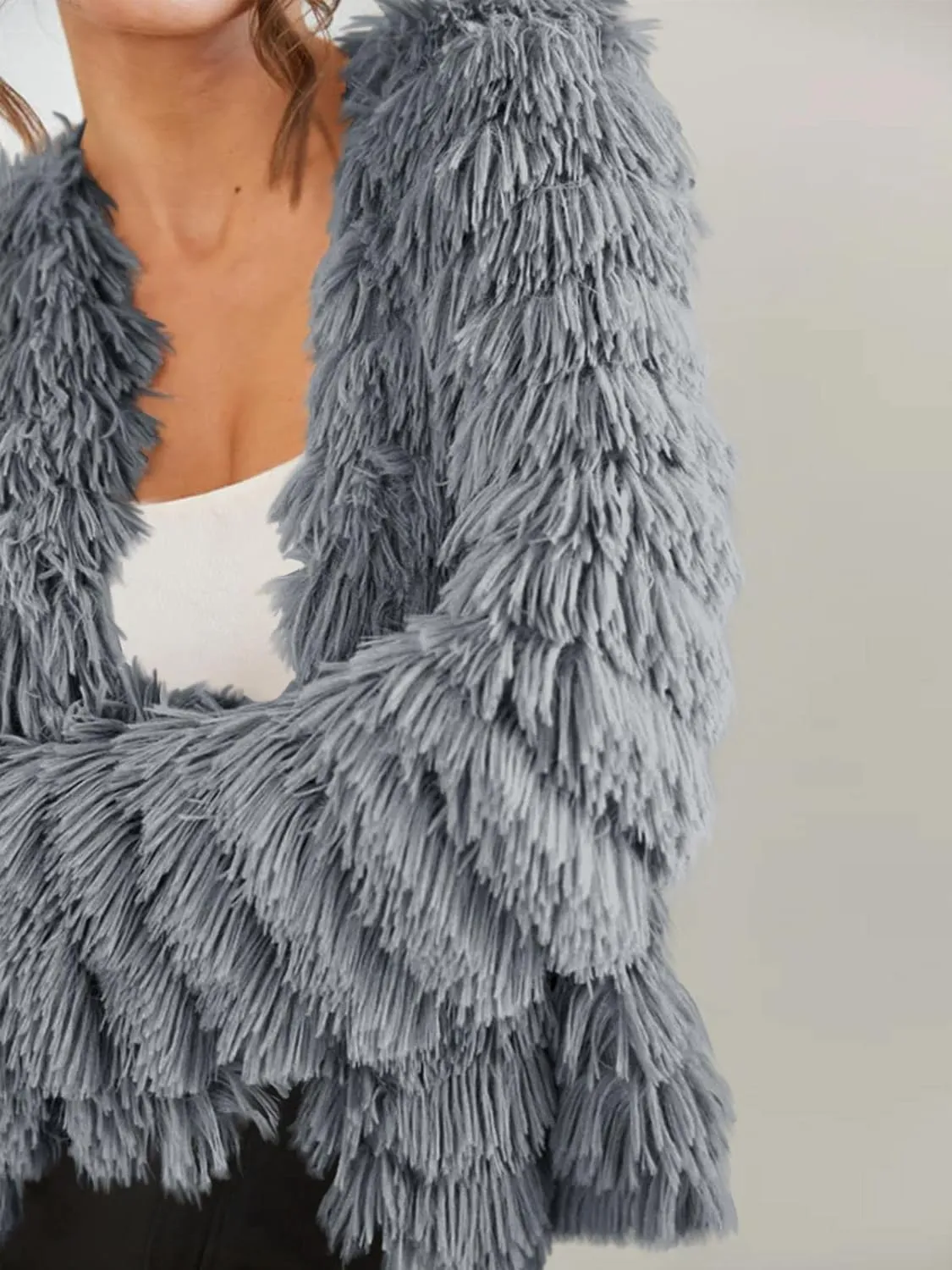 Womens Open Front Faux Fur Cardigan Vintage Parka Shaggy Jacket Coat