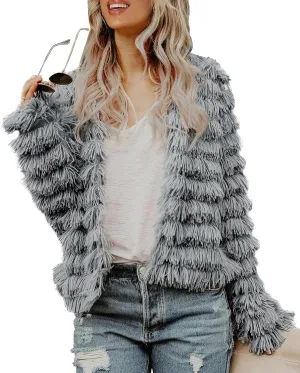 Womens Open Front Faux Fur Cardigan Vintage Parka Shaggy Jacket Coat