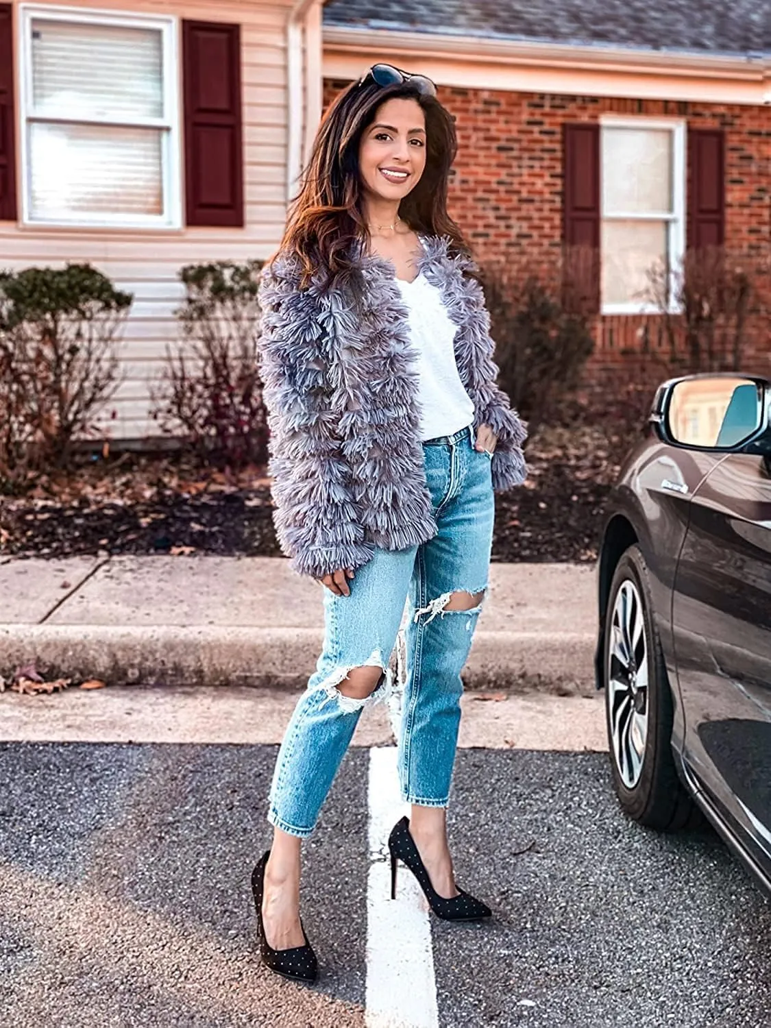 Womens Open Front Faux Fur Cardigan Vintage Parka Shaggy Jacket Coat