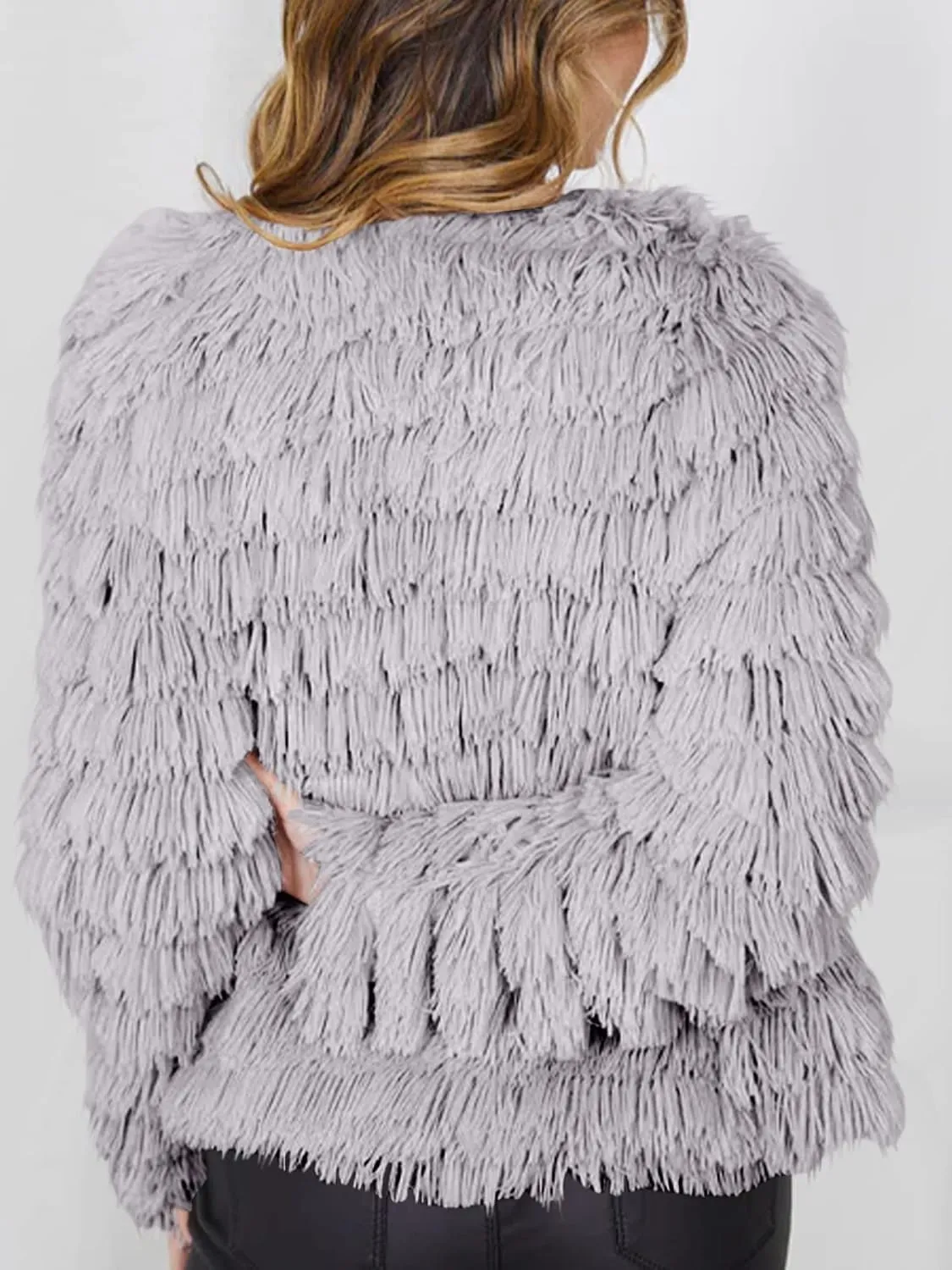 Womens Open Front Faux Fur Cardigan Vintage Parka Shaggy Jacket Coat
